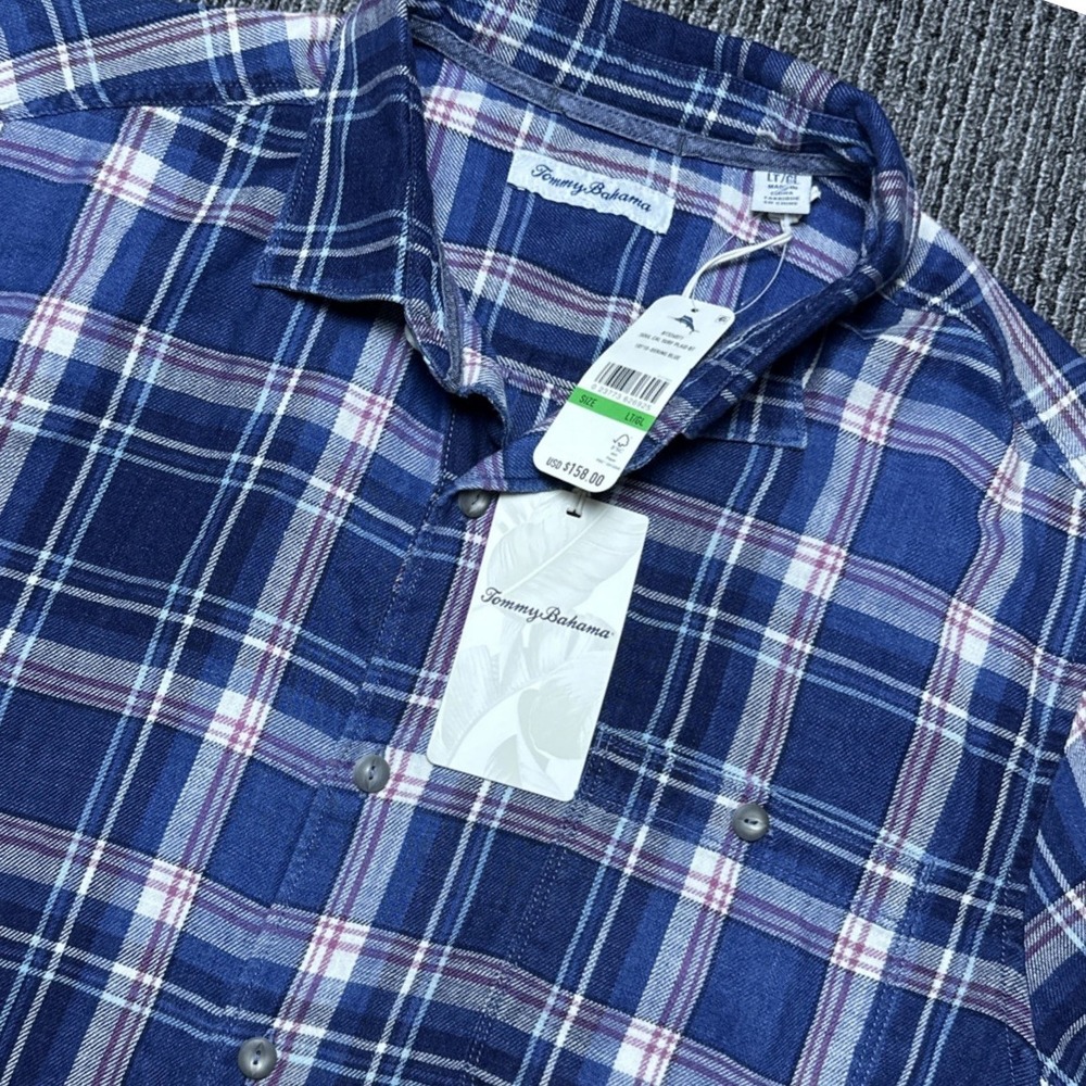 Tommy Bahama Shirt Mens LT Blue Plaid Soul Cal Surf Short Sleeve Button NWT $158